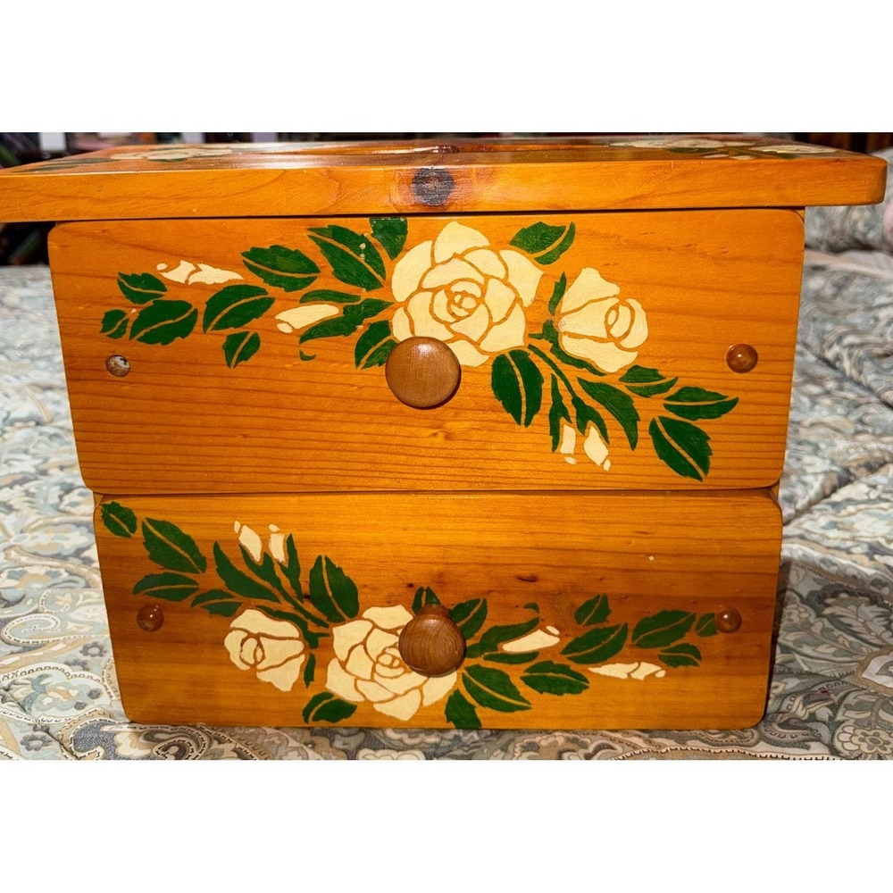 Vintage‎ Hand Painted Wood Jewelry Box Tissue Holder Combo Floral Rose 2 Drawer